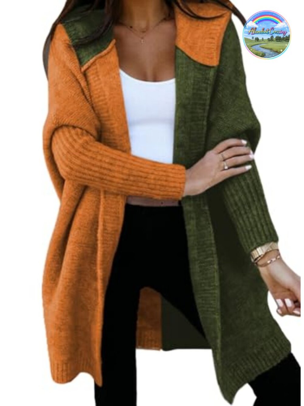 Oversized Hooded Knit Cardigan Color Block Open Front Casual